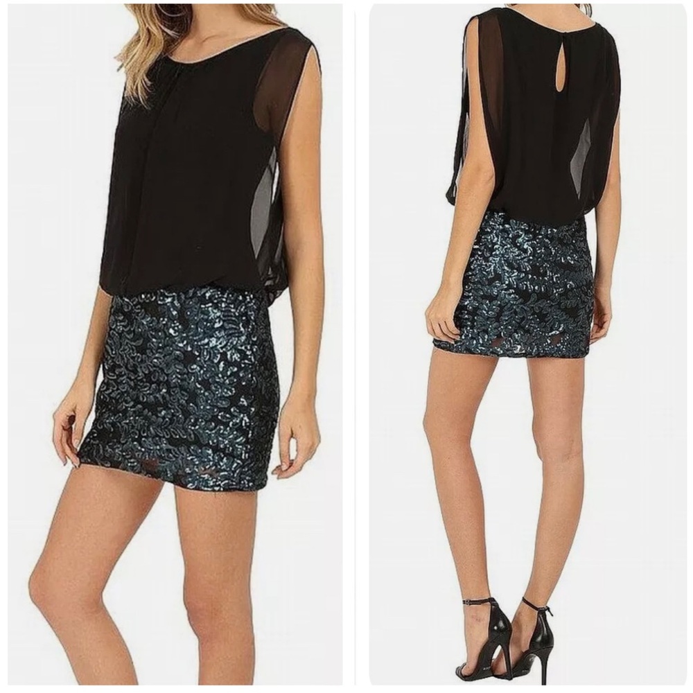 NWT Aidan Mattox Blouse Top Sequined Dress Black Blue Size 8
